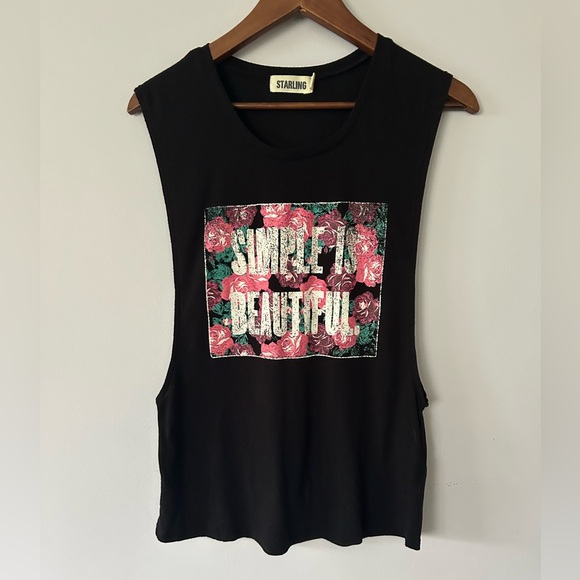 starling Tops - Starling Black Graphic Print Muscle Tee, Preloved, Size Med